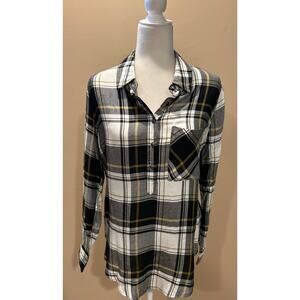 Peyton Jensen Evereve Plaid Black White and Yellow Button Front Shirt, Size S